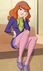 ai_generated breasts cartoon_network daphne_blake daphne_blake_(mystery_incorporated) dress green_scarf pantyhose pink_pantyhose purple_dress red_hair scarf scooby-doo scooby-doo!_mystery_incorporated shoes sitting