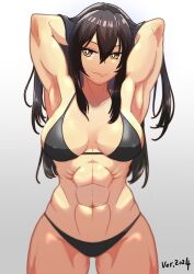 abs alternate_costume alternate_eye_color alternate_muscle_size armpits arms_behind_head arms_up bikini black_bikini black_hair breasts bright_pupils female hair_between_eyes highres kantai_collection large_breasts long_hair muscular muscular_female nagato_(kantai_collection) navel orange_eyes smile solo standing swimsuit tsun&#039;ichi_(tsun1) very_long_hair white_pupils