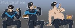 1boy batman_(series) belly belly_stuffing big_belly black_hair bloated bloated_belly bulge dc dc_comics dick_grayson eating food male male_only nightwing sequence solo solo_male stuffing verzisphere