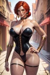 ai_generated breasts corset female fishnets light-skinned_female looking_at_viewer red_hair ruutel10 solo the_witcher_(series) the_witcher_3:_wild_hunt triss_merigold