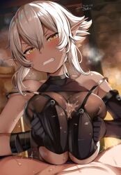 1boy 1girls absurd_res artist_name belko cum cum_between_breasts cum_on_breasts cum_on_clothes dark-skinned_female dark_elf dark_skin dated de-chan_(lolicept) ejaculation ejaculation_between_breasts elf elf_ears elf_female elf_girl female female_focus hi_res original original_character paizuri paizuri_lead_by_female paizuri_peek paizuri_pov paizuri_under_clothes penis penis_between_breasts penis_peek pov pov_paizuri short_hair white_hair yellow_eyes