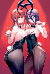 2girls ai_generated big_ass big_breasts blush bunny_girl bunnysuit chainsaw_man female_focus female_only green_eyes makima_(chainsaw_man) nipples pantyhose purple_hair pussy red_hair reze_(chainsaw_man) thick_thighs thighs