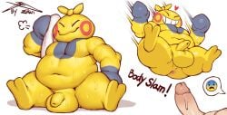 balls belly big_balls bodily_fluids foreskin generation_3_pokemon genitals makuhita male nintendo penis pokemon pokemon_(species) sitting slam slamming slightly_chubby slightly_chubby_male solo sweat sweatdrop yellow_body yellow_skin zi_ran