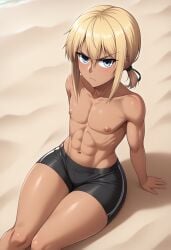 1boy ai_generated annoyed ass beach blonde_hair blue_eyes looking_at_viewer low_ponytail nipples original swimming_trunks tan_skin thick_thighs toned toned_male topless yoshi_tama_(style)