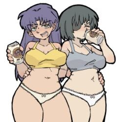 2girls beer big_ass big_breasts chainsaw_man cleavage drunk fanon_couple female female_only hand_on_hip himeno_(chainsaw_man) himesato misato_katsuragi neon_genesis_evangelion panties pantsu_ripper thick_thighs trait_connection yuri