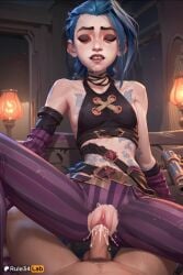 1boy 1boy1girl 1girls ai_generated arcane arm_tattoo artist_name bare_shoulders belt blue_hair braid breasts closed_eyes cowgirl_position crop_top cum cum_in_pussy hi_res jinx_(league_of_legends) league_of_legends long_hair makeup male male_pubic_hair navel netflix pants penis piercing pink_pants pov pubic_hair pussy riot_games rule34lab sex small_breasts solo_focus spread_legs stomach_tattoo straight striped_clothes striped_pants tattoo teeth torn_clothes torn_pants twin_braids uncensored vaginal_penetration vaginal_sex