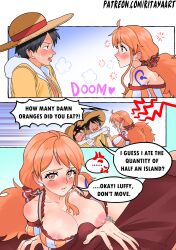 1boy 1girls alternate_costume black_hair blush bulge comic dialogue erection female long_hair male monkey_d_luffy nami nipples one_piece orange_hair ritayaart1 straight text wholesome