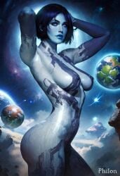 1girls ai_generated alien armpits arms_behind_head arms_up ass black_hair blue_eyes blue_hair blue_lips blue_skin breasts colored_skin cortana covered_nipples full-body_tattoo halo_(series) lips looking_at_viewer makeup medium_breasts nipples nose nude parted_lips philon planet realistic short_hair solo space stable_diffusion star_(sky) tattoo