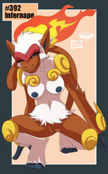 5_toes barefoot blue_eyes breasts brown_fur brown_nose english_text eyelashes female feral fire fur furry hair happy infernape looking_at_viewer mingchee monkey navel nintendo nipples notorious84 nude number pink_background plain_background pokemon pokemon_(species) primate pussy shadow shiny short_hair smile solo spread_legs spreading text the_pokedex_project toes video_games white_fur white_hair yellow_eyes