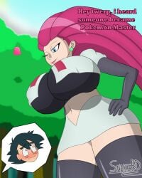 big_breasts blue_eyes breasts_bigger_than_head femdom flustered flustered_male forest fully_clothed gloves heart jessie_(pokemon) latex_gloves massive_breasts miniskirt nintendo pink_hair pokemon pokemon_anime satoshi_(pokemon) short_skirt snakebd team_rocket thighhighs towering underboob wink