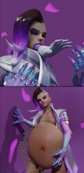 1girls 3d asymmetrical_hair belly big_belly breasts dark-skinned_female dark_skin female female_pred hand_on_belly huge_belly latina long_fingernails nipples oral_vore overwatch overwatch_2 purple_lipstick same_size_vore smug sombra stomach_noises thevoreguy8 vore