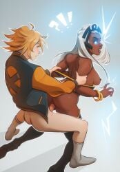 age_difference arms_grab_doggy_style blonde_hair blush bottomless bracelet crown dark_skin doggy_style domination from_behind from_behind_position glowing_eyes holding_arms interracial jacket light_skin long_hair nude open_mouth original_character penis ripped_clothing short_hair slim_waist socks stockings storm_(x-men) superheroine surprised surprised_expression thick_thighs twink vaginal_penetration white_hair wide_hips x-men x-men_97