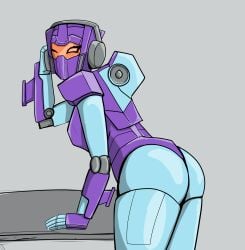 1girls ass azzertyimages fan_character grey_background oc robot robot_girl robot_humanoid thighs transformers visor whirlwind_(transformers) wink winking_at_viewer