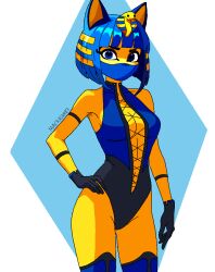 animal_crossing ankha ankha_(animal_crossing) black_gloves blue_eyes blue_hair cat_ears cosplay gloves inner_sideboob kitana_(cosplay) legwear leotard maicrasam87 mask mortal_kombat mortal_kombat_3 nintendo simple_background simple_coloring yellow_body