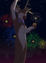 4th_of_july ajul_rodriguez american_flag anthro antlers balls blush bow_tie buckteeth celebrating deer exhibitionism fingers fireworks flaccid fur genitals hi_res holidays hooved_fingers hooves horn humanoid_genitalia humanoid_penis kokoha_is_here male male_only mammal mule_deer multicolored_body multicolored_fur navel new_world_deer night nipples nude outdoor_nudity outside penis pubes raised_arm sky small_penis solo sparkler star starry_sky teeth two_tone_body two_tone_fur united_states_of_america