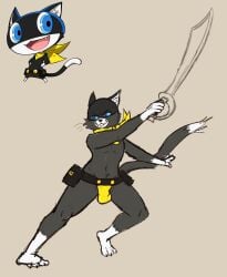 absurd_res action_pose amoriashop anthro belly belt black_body black_fur blue_eyes bulge feet felid feline fur hi_res male male_focus male_only mammal mask melee_weapon morgana_(persona) persona_(series) persona_5 pose pouch_(clothing) reference_image scarf solo sword toes weapon whiskers white_feet