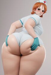 3d 3d_(artwork) ai_generated ass_grab bbw bbw_mom big_ass curvaceous curvy curvy_body curvy_female curvy_figure female_only hourglass_figure nami nami_(one_piece) nurse_cap nurse_uniform one_piece perfect_body presenting_hindquarters simple_background solo_female thick_thighs wide_hips