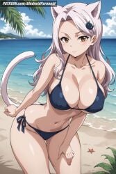 ai_generated aindroidparanoid ass beach bent_over big_ass big_breasts bikini blush breasts busty butt cameltoe carla_(fairy_tail) cat_ears cat_girl cat_tail catgirl cleavage curvy cute fairy_tail female female_only hips huge_breasts leaning_forward long_hair nipples stable_diffusion taller_girl voluptuous white_hair