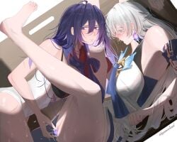 2girls ahoge bare_shoulders barefoot blush bronya_rand clitoris colored_inner_hair earrings english_commentary grey_eyes heart highres honkai:_star_rail honkai_(series) jewelry kaosmccloud long_hair multicolored_hair multiple_girls object_insertion purple_eyes purple_hair pussy scarf seele_(honkai:_star_rail) spoken_heart uncensored very_long_hair yuri