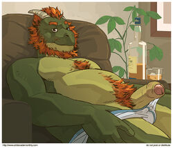 alcohol artdecade beard beverage briefs chair chest_tuft chubby dragon erection facial_hair green_dragon horn humanoid_penis looking_at_viewer male male_only no_humans penis pubes scalie sitting solo topless tuft uncut underwear white_underwear