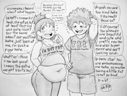 1boy 1girls bbw belly black_and_white chubby female flirting izuku_midoriya midriff my_hero_academia ochako_uraraka overweight overweight_female pencil_(artwork) ronic_lagann text_bubble