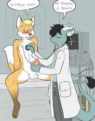 2boys anthro blush book canine doctor english_text erection fox fur furry furry_only gay handjob humor lizard male medical metal_(artist) no_humans nude penis reptile scalie testicles text unprofessional_behavior