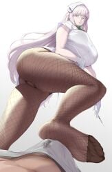 1boy ass breasts bulge dress fate/grand_order fate_(series) feet female fishnet_pantyhose fishnets florence_nightingale_(fate) florence_nightingale_(santa)_(fate) footjob glasses gloves hat ion_(cation) large_breasts long_hair nurse nurse_cap pantyhose pink_hair precum red_eyes short_sleeves straight syringe thighs uncensored white_dress white_gloves