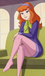 ai_generated breasts cartoon_network daphne_blake daphne_blake_(mystery_incorporated) dress feet foot_fetish green_scarf pantyhose pink_pantyhose purple_dress red_hair scarf scooby-doo scooby-doo!_mystery_incorporated sitting