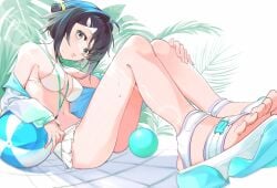1girls aotiiy arknights beach_ball black_hair blue_eyes feet female female_only foot_focus la_pluma_(arknights) light-skinned_female looking_at_viewer open_clothes palm_leaf sandals sitting solo sweat sweatdrop swimsuit toes white_swimsuit