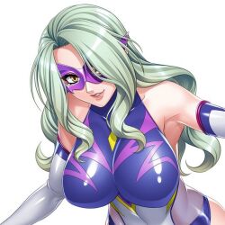 arm_warmers big_breasts big_lips bodysuit color curly_hair female female_focus female_only game_cg hair_covering_eye hair_covering_one_eye hair_over_one_eye kagami_hirotaka kaliya_(taimanin) long_hair looking_at_viewer mask masked masked_female one_eye_covered sleeveless sleeveless_bodysuit smile smiling smiling_at_viewer snake_lady taimanin_(series) taimanin_rpgx tight_bodysuit tight_clothing upper_body white_background wrestling_outfit yellow_eyes