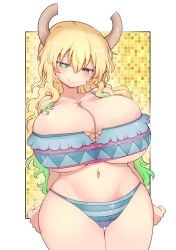 arms_at_sides aroused_smile blush cameltoe closed_mouth curvy half-closed_eyes heterochromia huge_breasts lucoa lucoa_(maidragon) miss_kobayashi's_dragon_maid slender_waist smile swimsuit thick_thighs voluptuous wide_hips