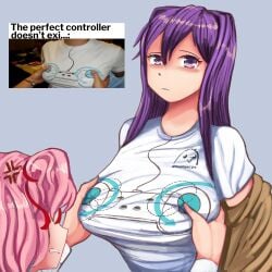 2girls anger_vein big_breasts bluekapo boobs breasts doki_doki_literature_club female female_only human long_hair meme_shirt multiple_girls natsuki_(doki_doki_literature_club) pink_hair purple_eyes purple_hair shirt solo_focus yuri_(doki_doki_literature_club)