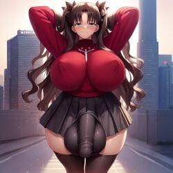 ai_generated black_hair blue_eyes dickgirl erection fate/stay_night fate_(series) futa_only futanari tohsaka_rin