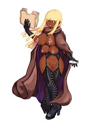 1girls 4_breasts areola big_breasts blonde_hair blue_eyes boots bottle breast_milk breasts brown_skin cloak clothed clothing corruption_of_champions cowl dark-skinned_female dark_skin eating erect_nipples fat_mons female flask food footwear full-length_portrait full_length garter_belt garter_straps gloves hair hi_res high_heel_boots inverted_nipples lace-up_boots lactation latex_boots latex_legwear long_hair looking_at_viewer milk mound_of_venus multi_breast navel nipples portrait puffy_areola pussy sand_witch_(corruption_of_champions) sandwich skimpy solo standing thigh_boots thigh_high_boots thigh_highs thighhigh_boots thighhighs white_background yoh-sl