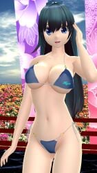 1girls 2024 3d_(artwork) bikini blue_eyes dark_blue_bikini dark_blue_hair drapes hati_yukkuri_mmd headwear iizunamaru_megumu light-skinned_female looking_at_viewer mmd one_arm_up solo_female solo_focus swimsuit tengu tokin_hat touhou unconnected_marketeers