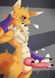 anthro bandai_namco bodily_fluids breath clothing countershading digimon digimon_(species) dripping erection fluffy fur genital_fluids genitals gloves handwear hi_res knot looking_at_viewer male penis precum precum_drip purple_clothing purple_gloves purple_handwear renamon solo solo_male vicariousvixens white_body white_countershading yellow_body yellow_fur