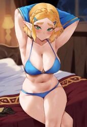 ai_generated armpit_fetish armpits bedroom blonde_hair blue_bra blue_panties blue_shirt bra crossed_legs elf elf_ears embarrassed green_eyes hands_up medium_breasts navel night panties primosan princess_zelda shirt_lift shirt_up short_hair sitting tears_of_the_kingdom the_legend_of_zelda thiccwithaq_(ai_style) underwear zelda_(tears_of_the_kingdom)