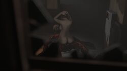3d ass big_breasts brown_hair cowgirl_position detailed_background duo fangs female female_penetrated hair johndoe1970 licker male male_penetrating male_penetrating_female monster muscular muscular_male nipples nude open_mouth penetration pregnant pregnant_female pregnant_sex rebecca_chambers red_body resident_evil sex