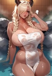 ai_generated azur_lane balecxi blonde_hair braid braided_twintails covered_nipples dark-skinned_female horns huge_breasts naked_towel onsen owari_(azur_lane) partially_submerged steam steaming_body tanned_female twin_braids wet wide_hips