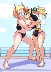 2girls abs barefoot beast_pirates black_boxing_gloves black_gloves black_maria blonde_hair blue_eyes boxing boxing_gloves boxing_ring breasts duo egghead female female_only fight fighting_ring gloves gut_punch horns large_breasts lips lipstick netto-painter nipples one_piece punch tagme topless topless_boxing topless_female vegapunk_york wano_country