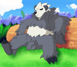 2013 3_toes anthro anthrofied balls bear biceps big_muscles black_nose claws closed_eyes clouds color day fur grass grey_fur hindpaw leaf log mabit male male_only muscles nintendo no_eyes outdoors panda pangoro paws penis pokemon pokemon_xy sheath sitting sky solo spread_legs spreading toe_claws uncut video_games wood