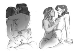 2girls ass_grab farishta_bandi grace_(stray_gods) hugging kissing monochrome romantic romantic_couple sangoundercover sketch stray_gods yuri