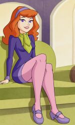 ai_generated breasts cartoon_network daphne_blake daphne_blake_(mystery_incorporated) dress green_scarf pantyhose pink_pantyhose purple_dress red_hair scarf scooby-doo scooby-doo!_mystery_incorporated shoes sitting