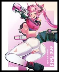 1girls anus areolae arknights:_endfield ass bare_shoulders big_breasts blush boots breasts damaged_clothes exposed_anus exposed_breasts exposed_pussy fangs female female_only gloves highres holding_guns horns jeffodraws leggings legwear light-skinned_female light_skin long_hair nipples no_bra one_eye_half-closed open_mouth open_smile pink_hair pointy_ears pussy pussy_juice smile solo star-shaped_pupils straight_bangs sweatdrop sweaty tail tight_clothing topwear torn_pants twintails uncensored vagina waist white_leggings yvonne_(arknights_endfield)