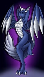 anthro arms_behind_head blue_eyes blue_skin breasts claws dragon feathers female fluffy_tail horn kurtassclear looking_at_viewer navel nipples nude open_mouth purple_background pussy raised_leg skylanders solo standing toe_claws tongue whirlwind_(skylanders) wings