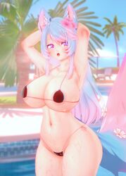 1girls 3d areola_slip areolae arms_behind_head arms_up ass big_ass big_breasts bikini blue_hair breasts deluxe_rosie female female_only flower flower_in_hair heart-shaped_pupils hips hourglass_figure indie_virtual_youtuber large_breasts light-skinned_female light_skin long_hair looking_at_viewer micro_bikini multicolored_hair open_mouth outdoors pool poolside revealing_clothes silvervale solo solo_female string_bikini thick_thighs thighs virtual_youtuber wet wide_hips wolf_ears wolf_girl wolf_tail