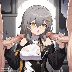 2boys ai_generated bare_shoulders breasts clothed_female_nude_male double_handjob female grey_hair group_sex hair_ornament handjob honkai:_star_rail jacket long_hair long_sleeves lustyren mmf_threesome multiple_boys multiple_penises open_mouth penis stelle_(honkai:_star_rail) threesome torn_clothes yellow_eyes