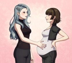 2d 2girls adricarra big_belly bloated_belly brown_eyes brown_hair clothed clothing female female_only grey_hair hand_on_belly hands_behind_back happy lipstick long_hair makoto_niijima misscherrylle persona persona_5 pregnant sae_niijima silver_hair sisters unbuttoned_pants watermark wholesome