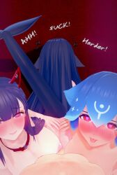 1boy 3d 3girls akuma_nihmune ambiguous_penetration bao_(vtuber) big_breasts blue_hair blush breasts collar dark_hair deluxe_rosie demon demon_girl demon_horns dialogue doggy_style foursome gangbang hands_on_ass heart heart-shaped_pupils hearts_around_head horns indie_virtual_youtuber light-skinned_female light-skinned_male light_skin long_hair looking_at_viewer looking_up male_pov nude nude_female nude_male orca_girl orca_tail penetration penis pov purple_hair red_eyes sex sex_from_behind short_hair shylily smile tongue tongue_out virtual_youtuber whale_girl