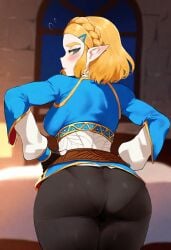 ai_generated ass ass_focus bedroom big_ass blonde_hair blue_shirt elf elf_ears from_behind gloves green_eyes hands_on_waist large_ass looking_back medium_breasts night panties_visible_through_clothing pants primosan princess_zelda short_hair standing tears_of_the_kingdom the_legend_of_zelda thiccwithaq_(ai_style) zelda_(tears_of_the_kingdom)